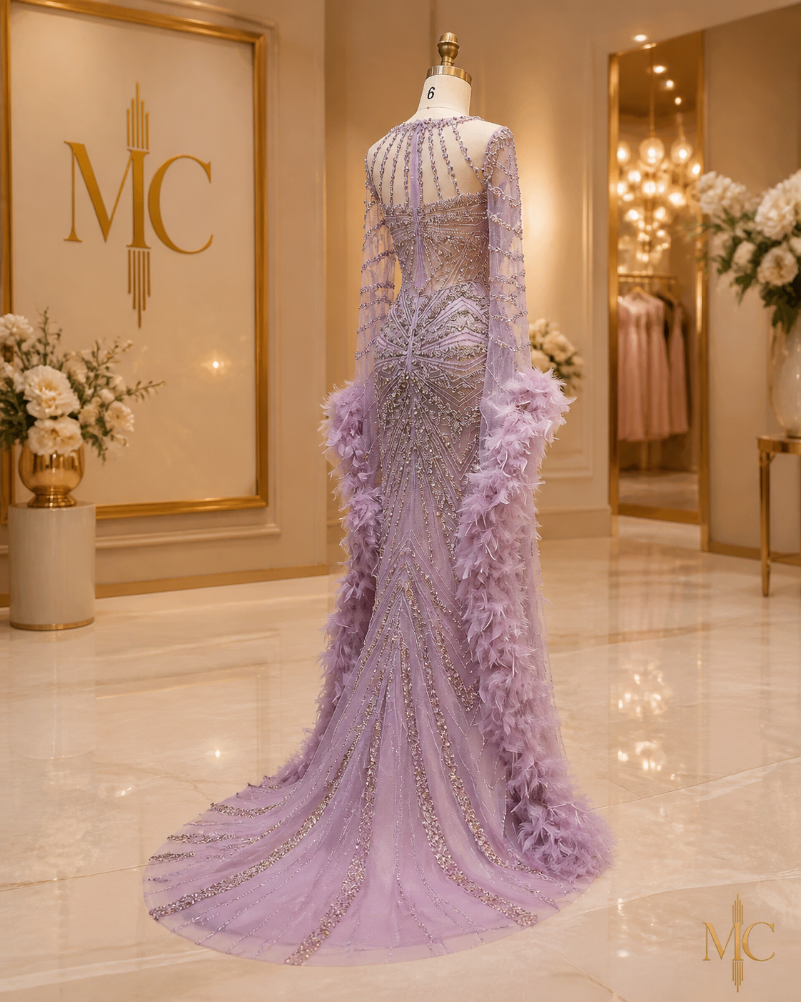 MC THE BLACK DIAMOND luxury caramel beaded mermaid evening dress with feather cape sleeves, perfect for formal weddings and parties.