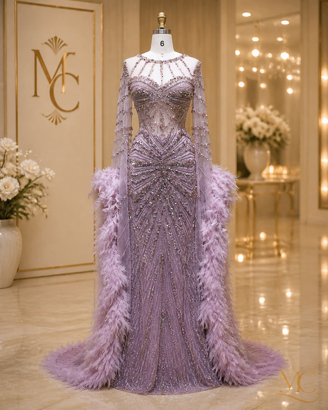 MC THE BLACK DIAMOND caramel beaded mermaid evening dress with feather cape sleeves, perfect for formal weddings and parties.