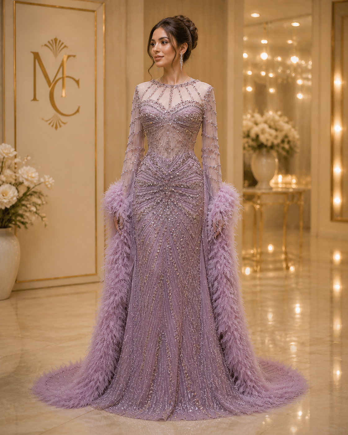 MC THE BLACK DIAMOND caramel beaded mermaid evening dress with feather cape sleeves for formal weddings and parties.