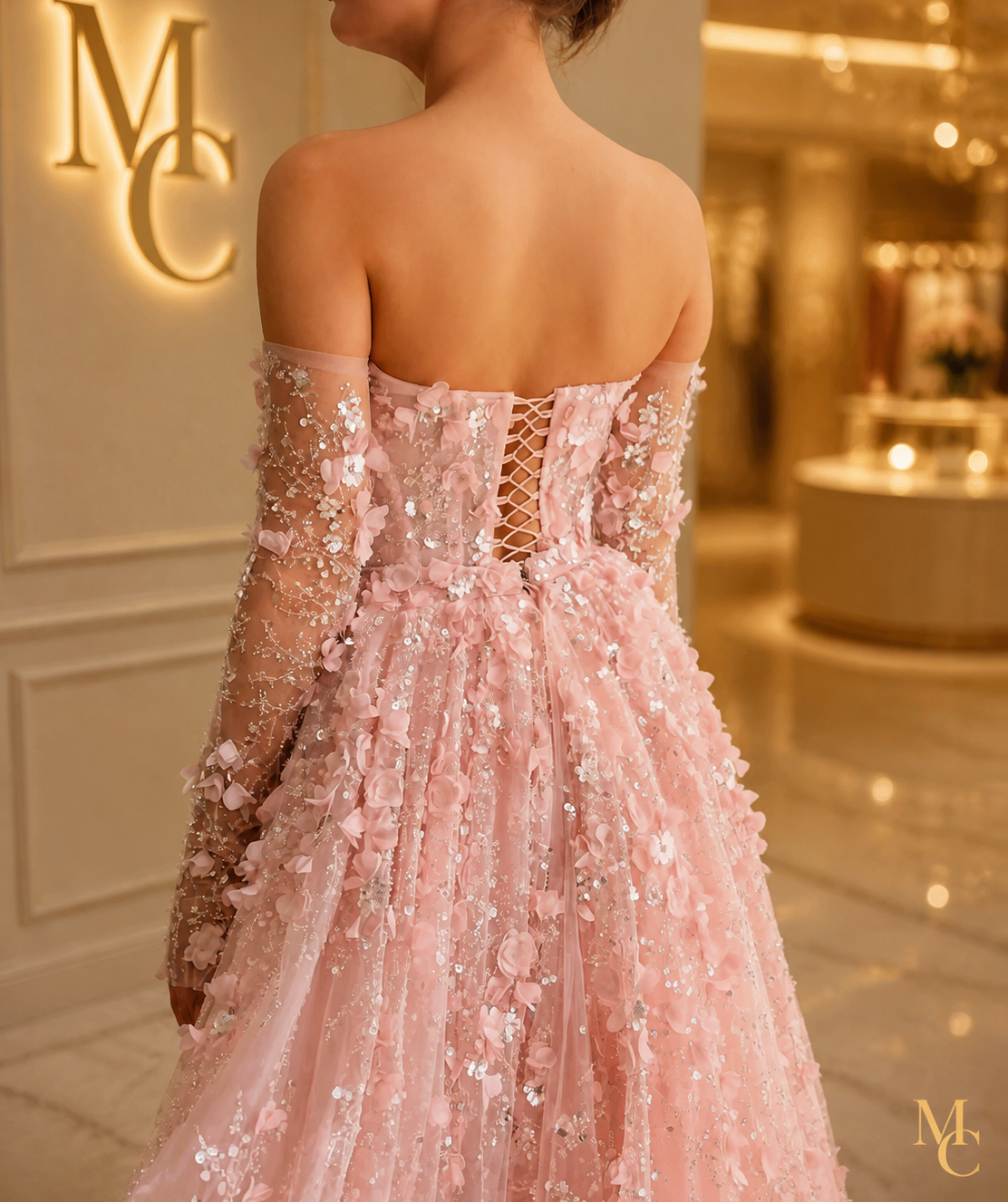 Elegant MC THE BLACK DIAMOND MC Elegant 3D Flowers Dubai evening dress with intricate floral details and a sleek silhouette.