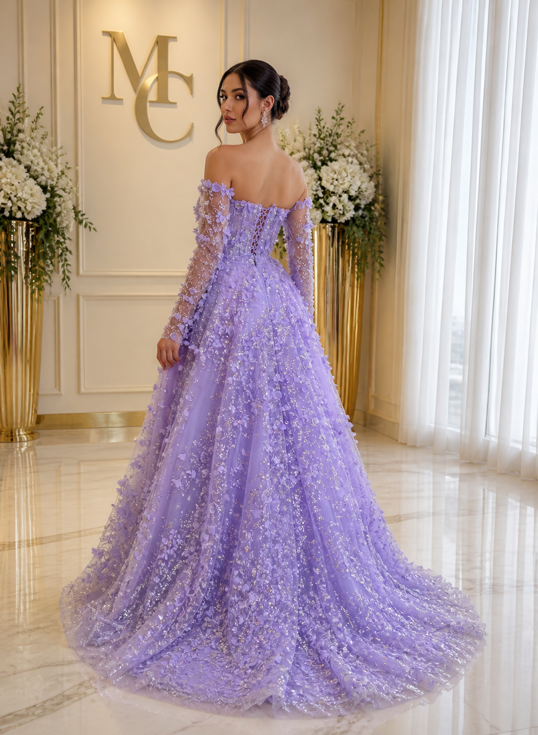 MC Elegant 3D Flowers Dubai evening dress by MC THE BLACK DIAMOND featuring lilac color, long sleeves, and an overskirt for wedding or party.