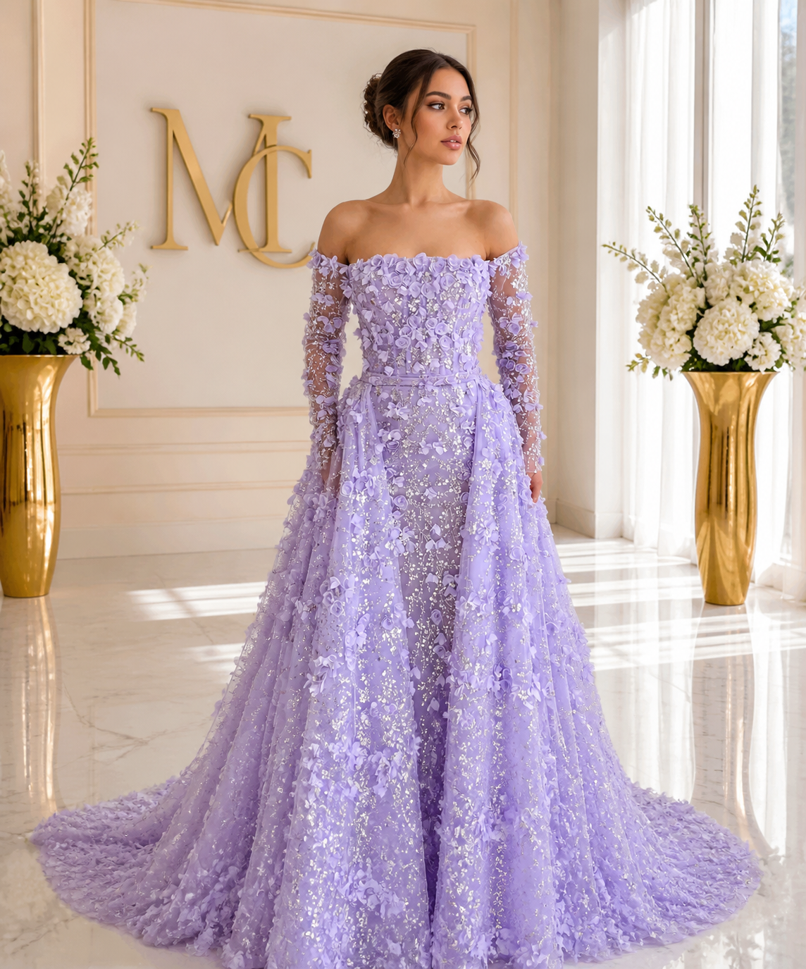MC Elegant 3D Flowers Dubai evening dress with lilac overskirt and long sleeves, designed for women’s wedding or party occasions.