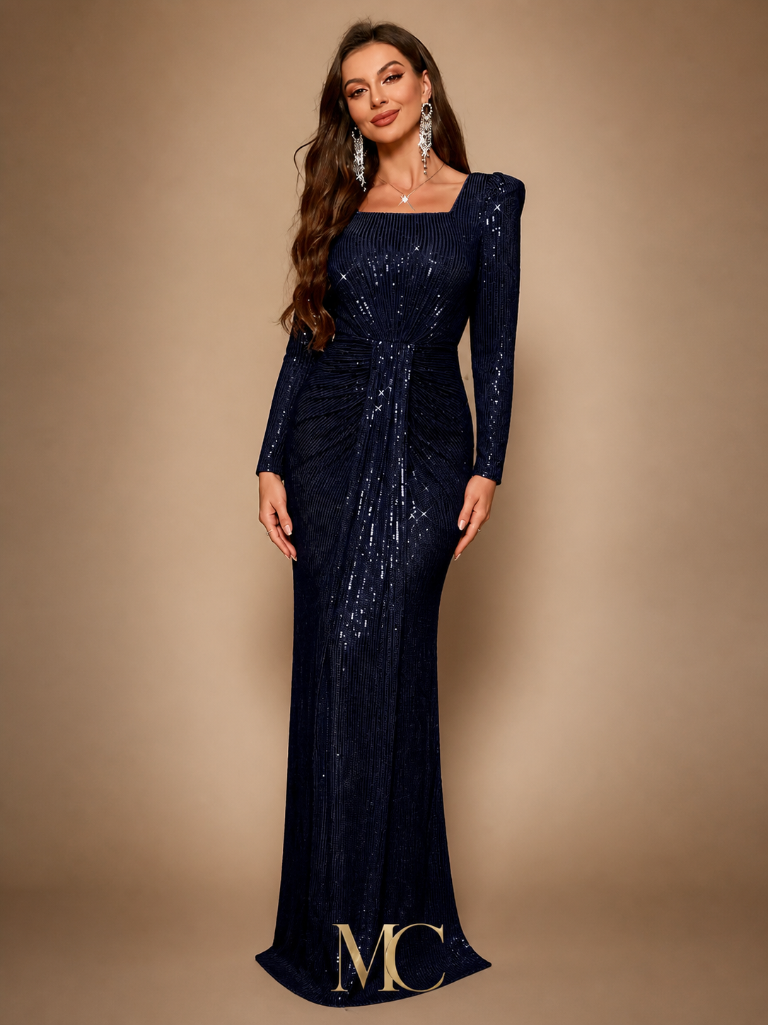 MC THE BLACK DIAMOND sequin long sleeve formal dress with square neckline, perfect for evening, wedding, or graduation events.