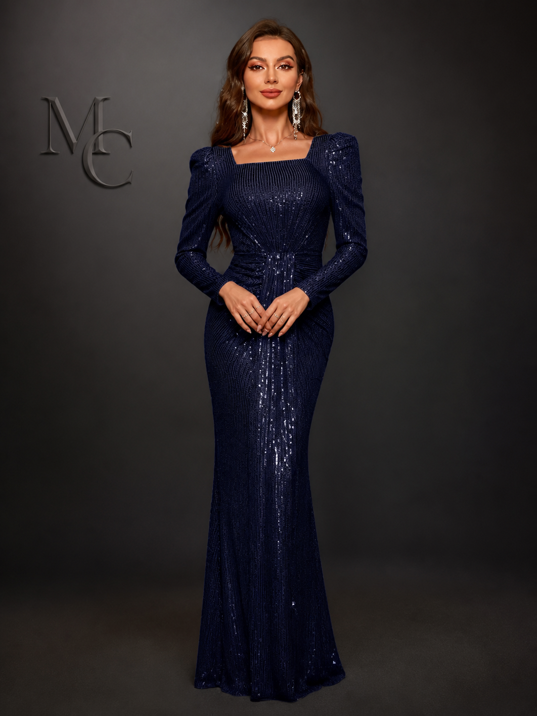 MC THE BLACK DIAMOND sequin long sleeve formal dress with square neckline, perfect for elegant evening, wedding guest, or graduation.