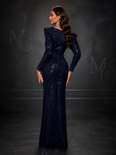 MC THE BLACK DIAMOND sequin long sleeve formal dress with a square neckline, perfect for evening weddings and graduation events.