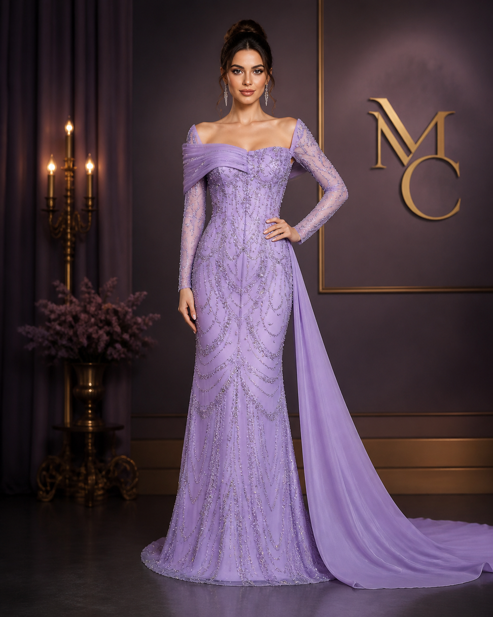 Elegant one-shoulder evening dress by MC THE BLACK DIAMOND featuring sleek black fabric and sophisticated design.