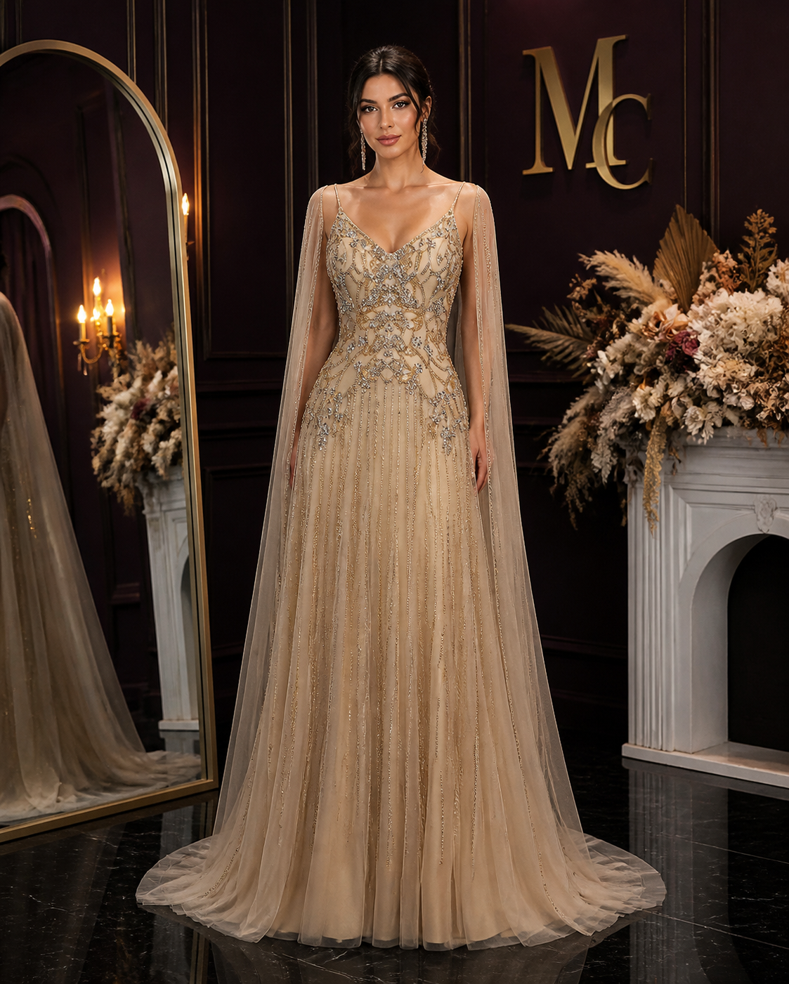 MC Elegant formal evening dress by MC THE BLACK DIAMOND, showcasing a sleek black gown with intricate detailing and a floor-length design.