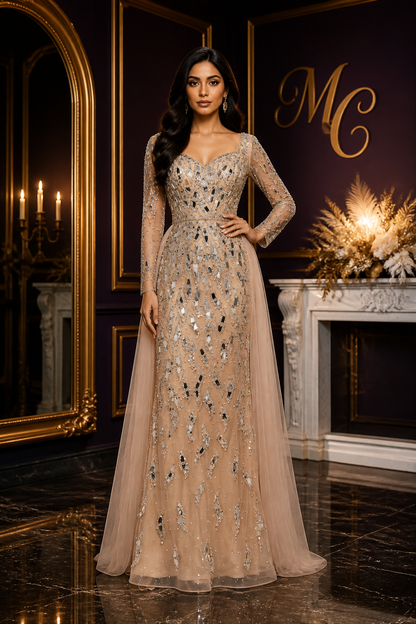 MC THE BLACK DIAMOND MC Luxury Arabic nude long sleeve mermaid evening dress with custom fit and elegant design.