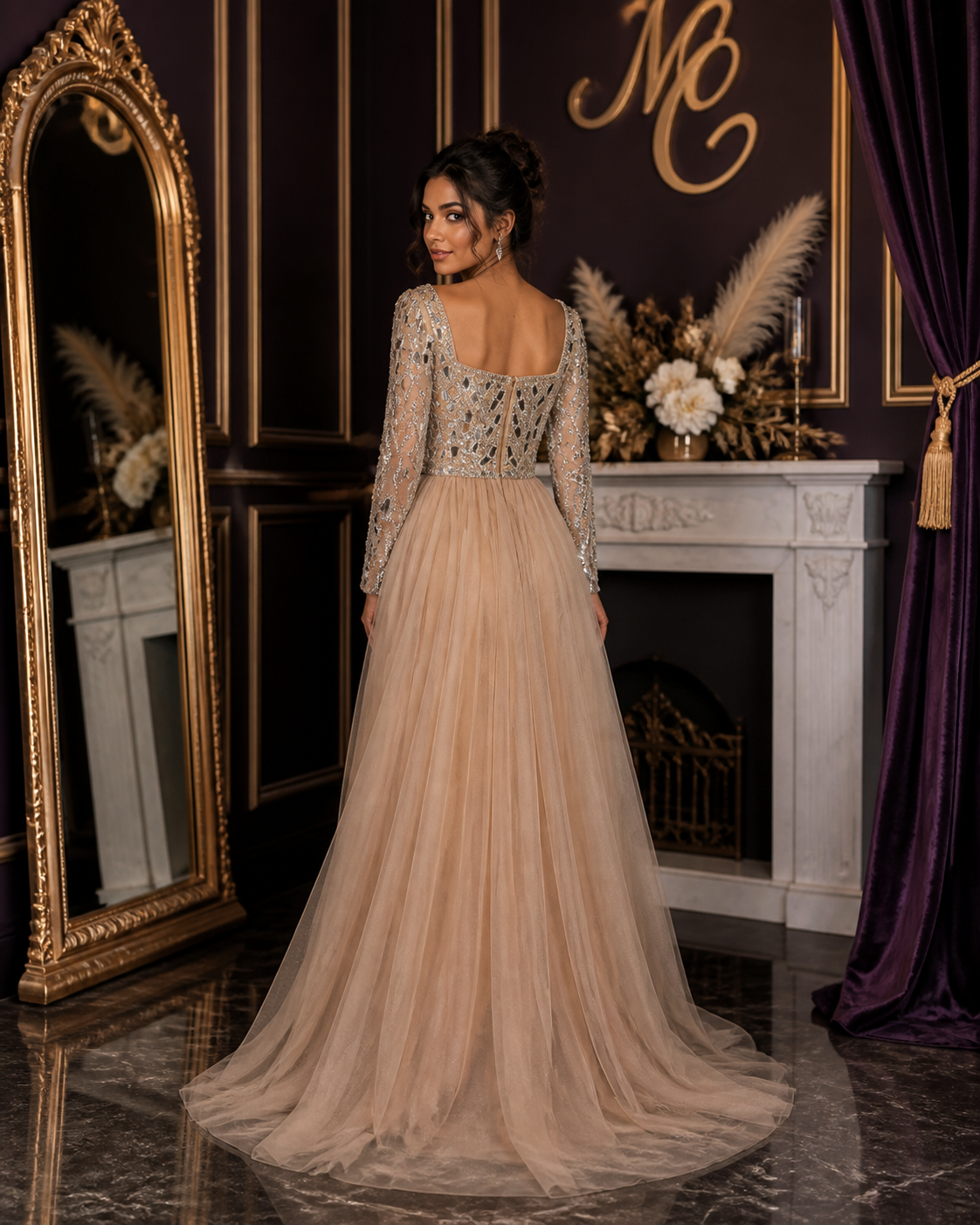 MC THE BLACK DIAMOND MC Luxury Arabic nude long sleeve mermaid evening dress with custom fit, elegant and stylish for formal occasions.
