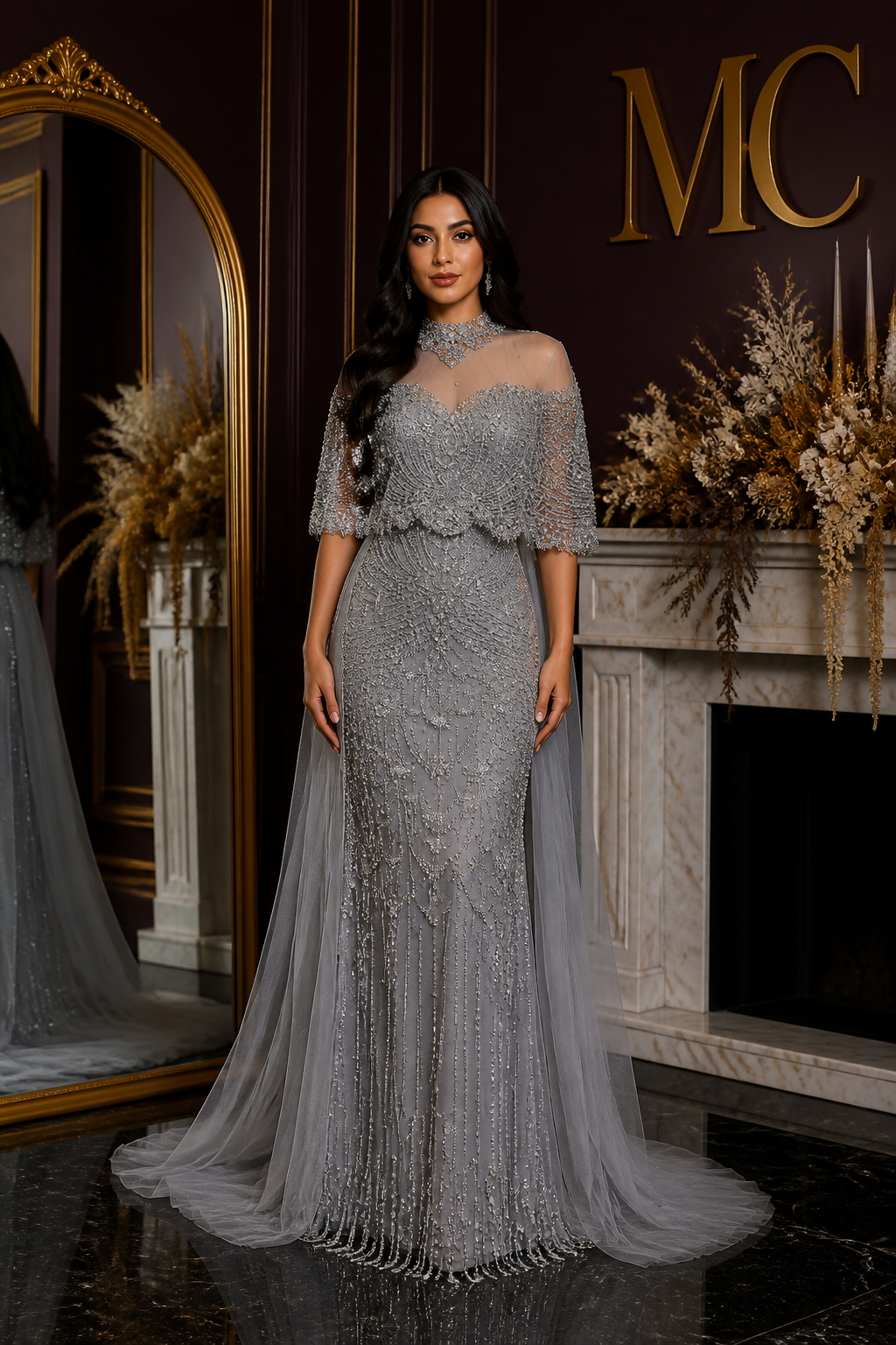 MC Gorgeous Beaded Grey Arabic Evening Dress