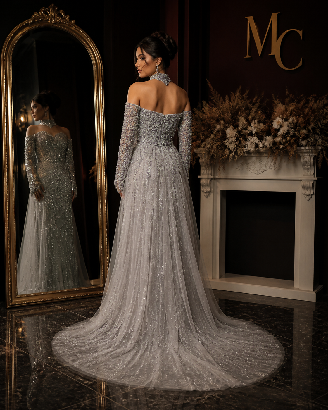 MC Gorgeous Beaded Grey Arabic Evening Dress