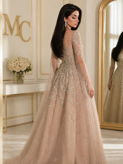 MC THE BLACK DIAMOND batwing sleeve A-line evening dress with shiny tulle, sequin appliqué, perfect for parties and prom.