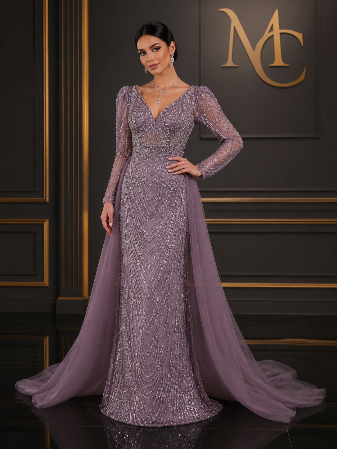 Elegant black MC THE BLACK DIAMOND long sleeve evening dress for women, featuring a fitted silhouette and stylish design.