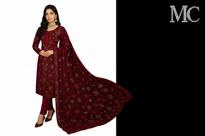 Red velvet floral suit made from Stretch Velvet fabric, featuring elegant floral patterns and traditional Panjabi style design.