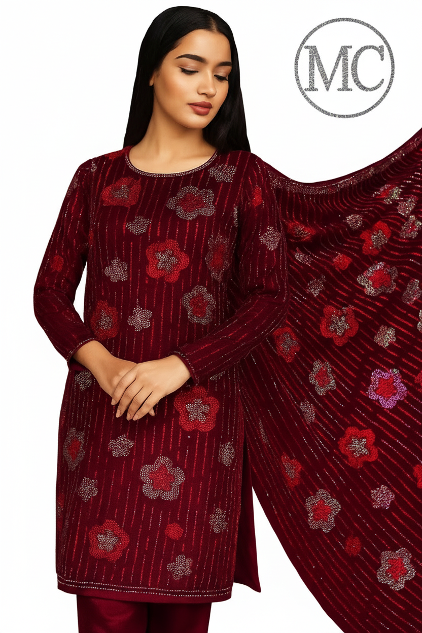 Red velvet floral suit made from Stretch Velvet fabric, showcasing elegant Punjabi style with vibrant floral patterns.