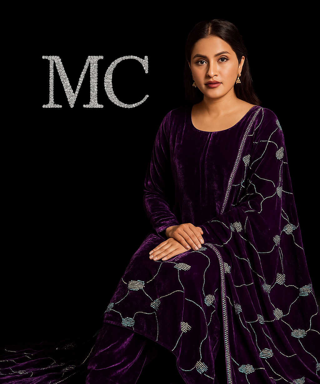 Purple velvet floral fabric for women's suit by MC THE BLACK DIAMOND, showcasing elegant textile design and rich texture.
