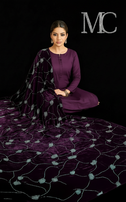 Purple velvet floral suit for women by MC THE BLACK DIAMOND, showcasing elegant fabric with floral patterns and traditional style.