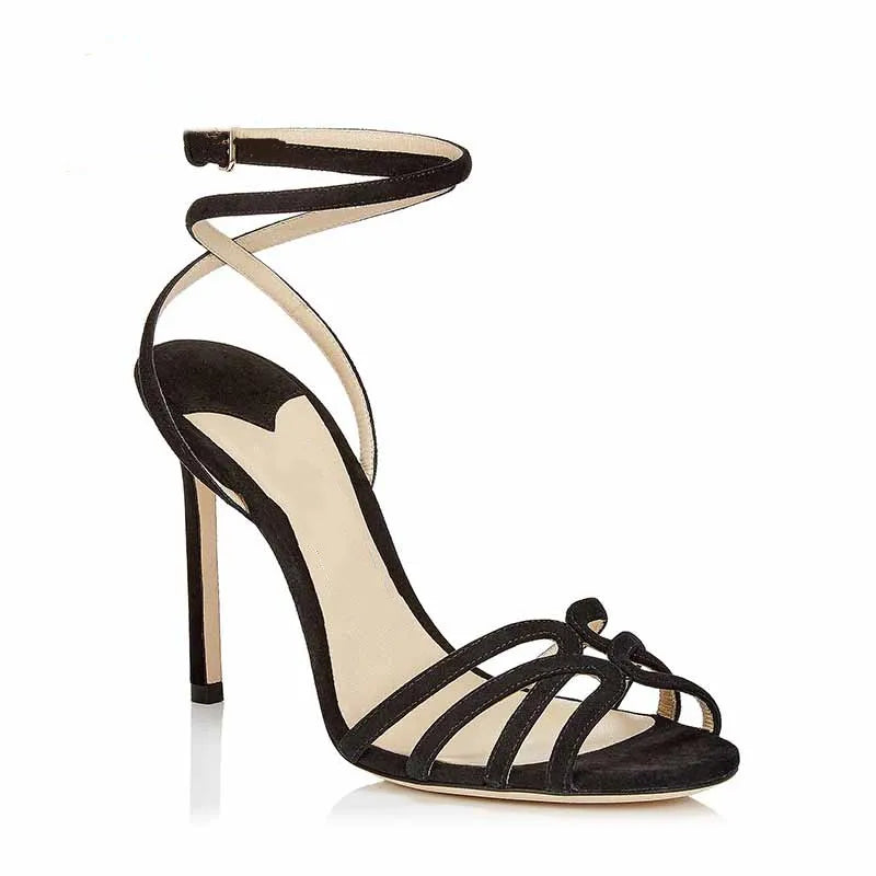 European high-heeled sandals by MC The Black Diamonds featuring peep toe, ankle straps, and stylish summer women’s footwear.