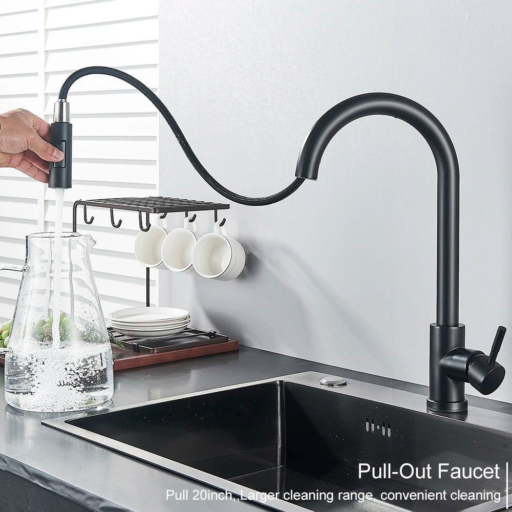 Black MC THE BLACK DIAMOND kitchen sink faucet with pull-out sensor and touch control for easy, hands-free kitchen use.