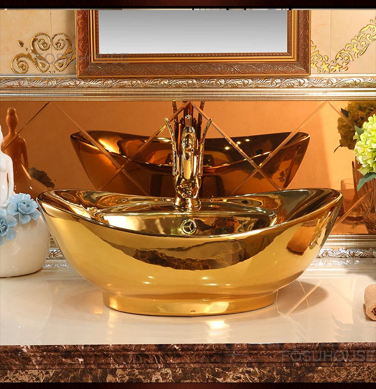 Modern gold ceramic bathroom sink by MC THE BLACK DIAMOND, European-style hand basin with sleek wash basin design.