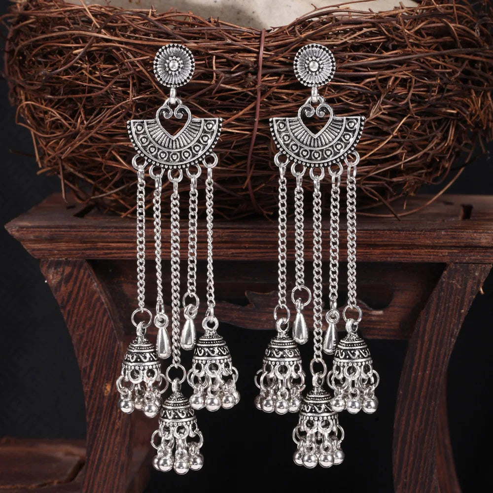 Silver Egypt geometric bells long tassel drop earrings with jhumka design, featuring ethnic Turkish and Afghan-inspired jewelry for women.