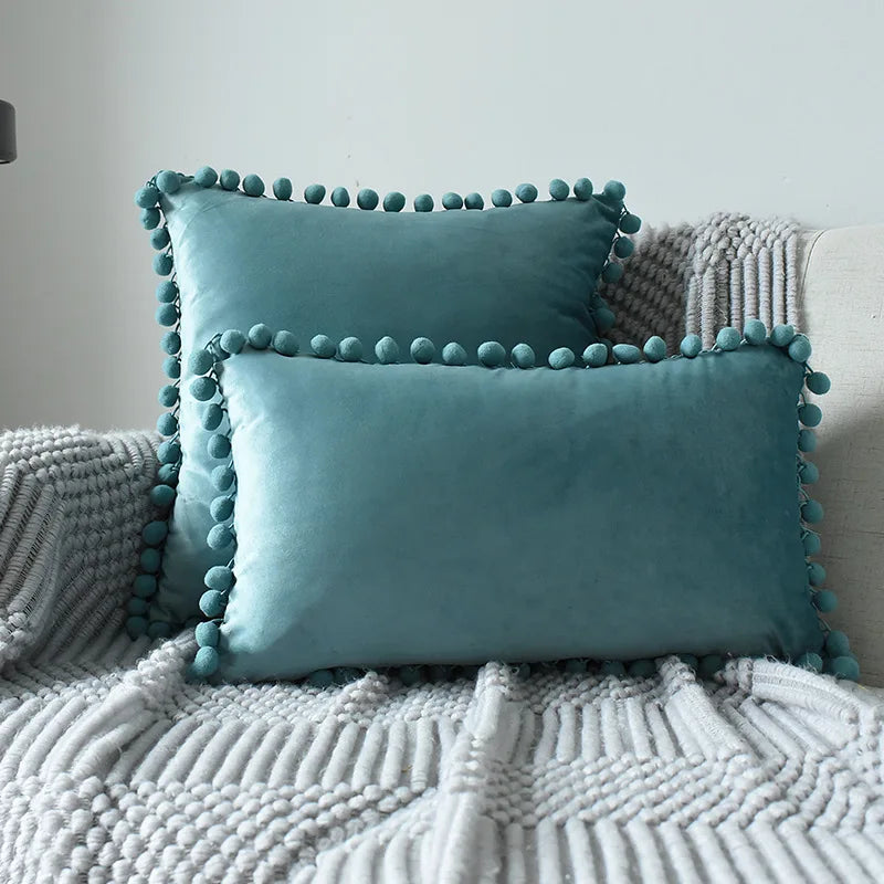 MC THE BLACK DIAMOND velvet throw pillow cover with pom-pom accents, large cozy sofa cushion case for home decor.