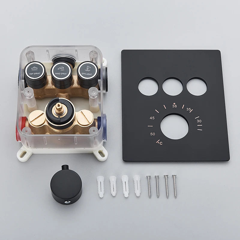 Rozin matte black thermostatic shower faucet with concealed installation, ceiling rainfall shower head, and bath mixer tap.