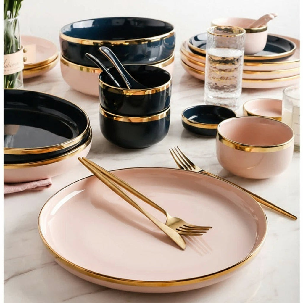 Pink, black, and gold ceramic dinner plate from 𝕄𝕔 𝕋𝕙𝕖 𝔹𝕝𝕒𝕔𝕜 𝔻𝕚𝕒𝕞𝕠�