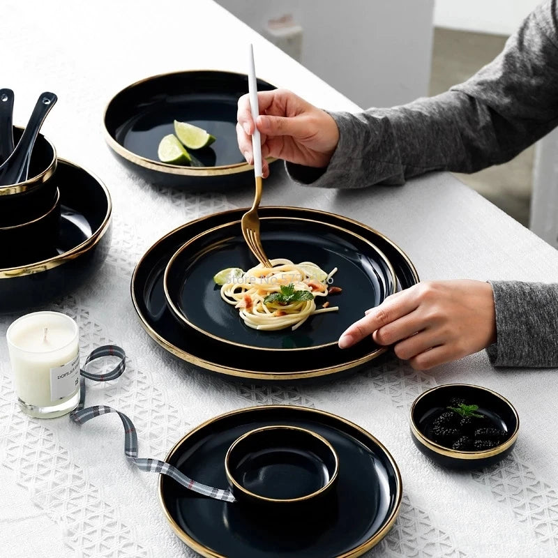 Pink, black, and gold inlay ceramic dinner plate from 𝕄𝕔 𝕋𝕙𝕖 𝔹𝕝𝕒𝕔𝕜 𝔻𝕚𝕒𝕞�