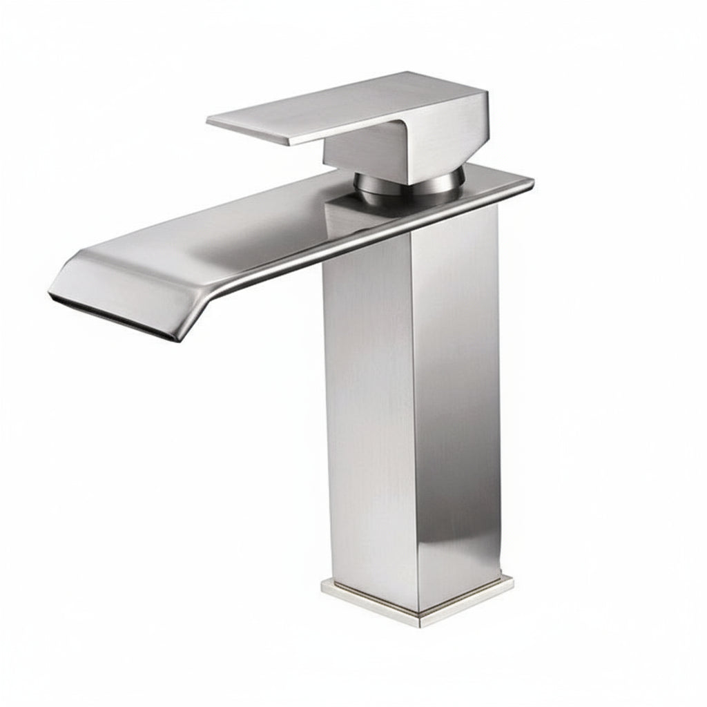 Black waterfall bathroom faucet and basin vanity vessel sink by MC THE BLACK DIAMOND, featuring sleek modern design.