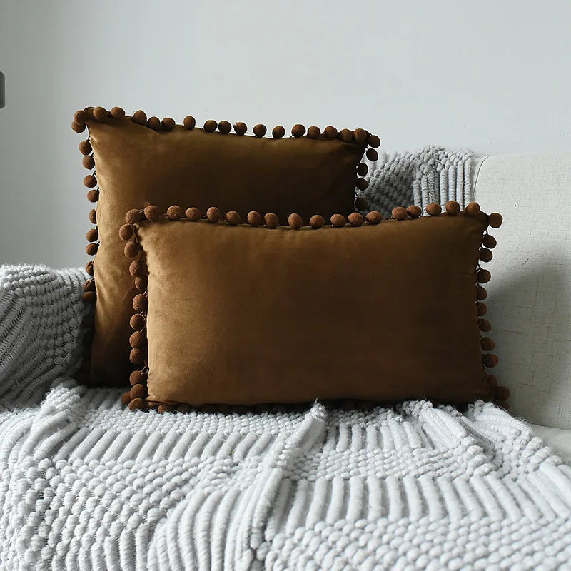MC THE BLACK DIAMOND velvet throw pillow cover with pom poms, large solid cushion case, cozy sofa decor, decorative pillowcase