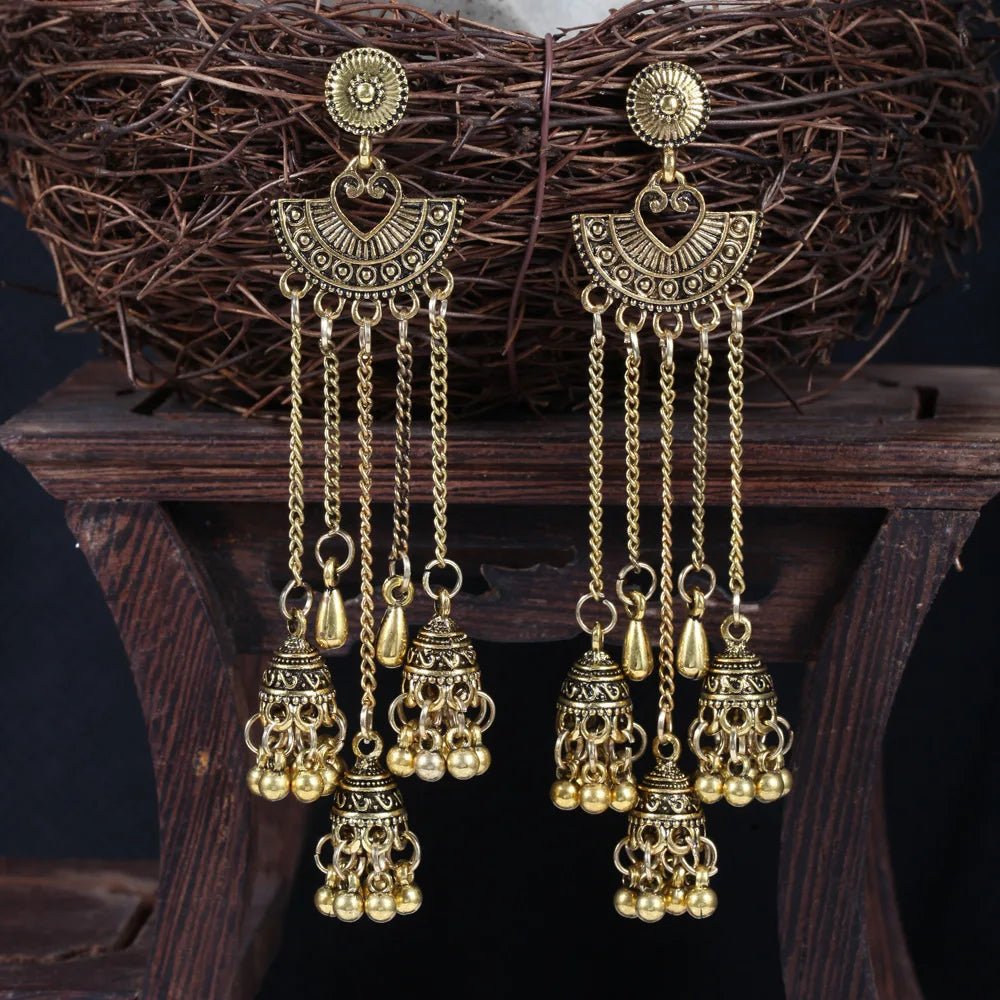Silver Egypt Geometric Bell Tassel Drop Earrings with Indian Jhumka design and ethnic Turkish style for women.