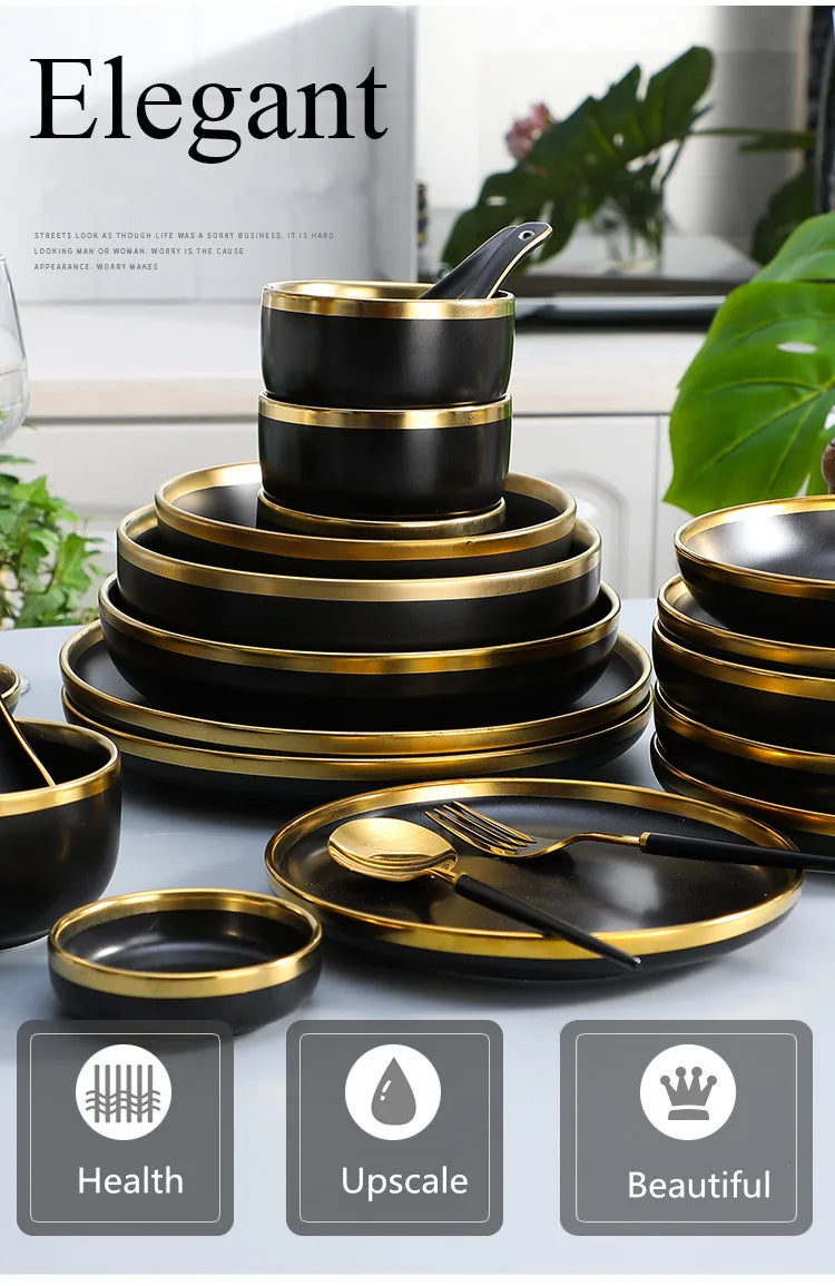 Set of matte gold inlay black porcelain dinnerware by MC THE BLACK DIAMOND, featuring elegant black plates with gold accents.