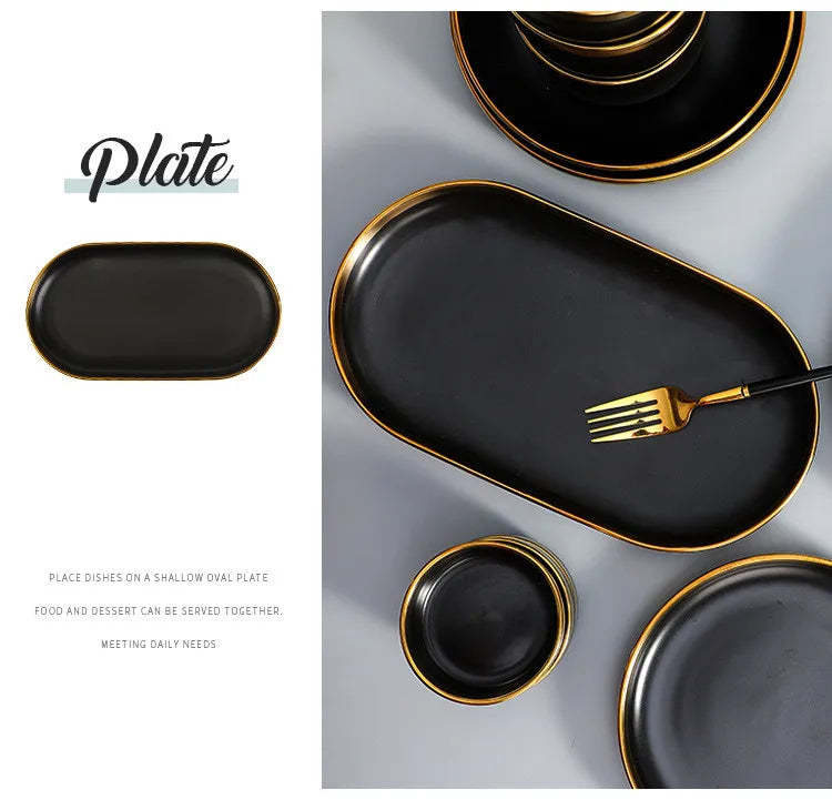 Set of matte gold inlay black porcelain dinnerware by MC THE BLACK DIAMOND, includes plates and bowls for elegant kitchen use.