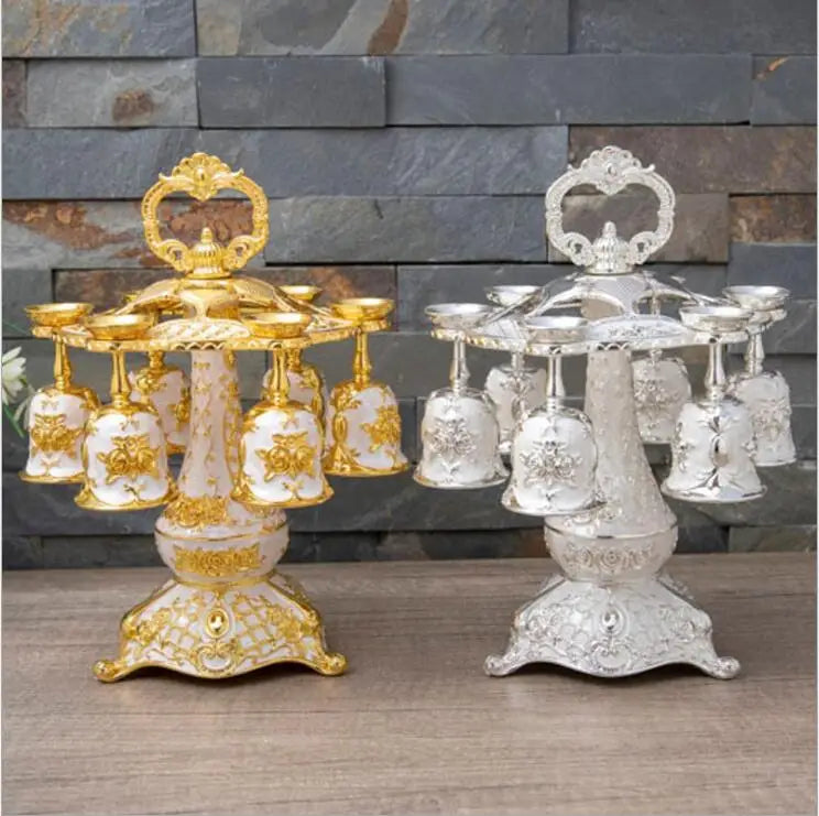 Set of six European metal decorative whisky cups in gold and silver, ideal for stylish kitchen or bar decor.