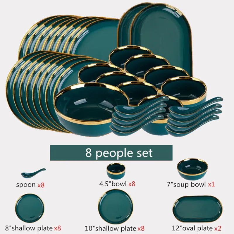 Green ceramic dinnerware set with gold inlay, including plates, salad bowls, and spoons, from 𝕄𝕮 𝕋𝕙𝕖 𝔹𝕝𝕒𝕔𝕜 𝔻�