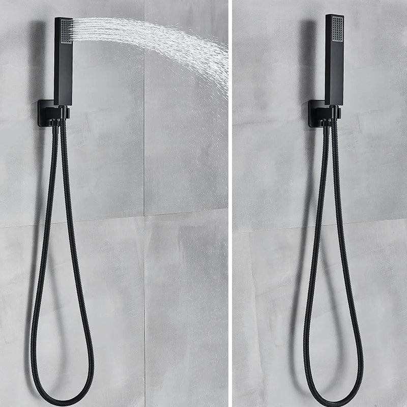 Matte black thermostatic shower faucet set with concealed installation and large ceiling rainfall showerhead, by 𝕄𝕔 𝕋𝕙𝕖 𝔹𝕝𝕒𝕔𝕜 𝔻𝕚�