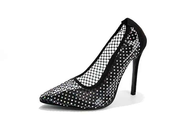 Colorful rhinestone women's pumps with glitter, hollow design, breathable mesh, thin heel, perfect for parties and weddings.