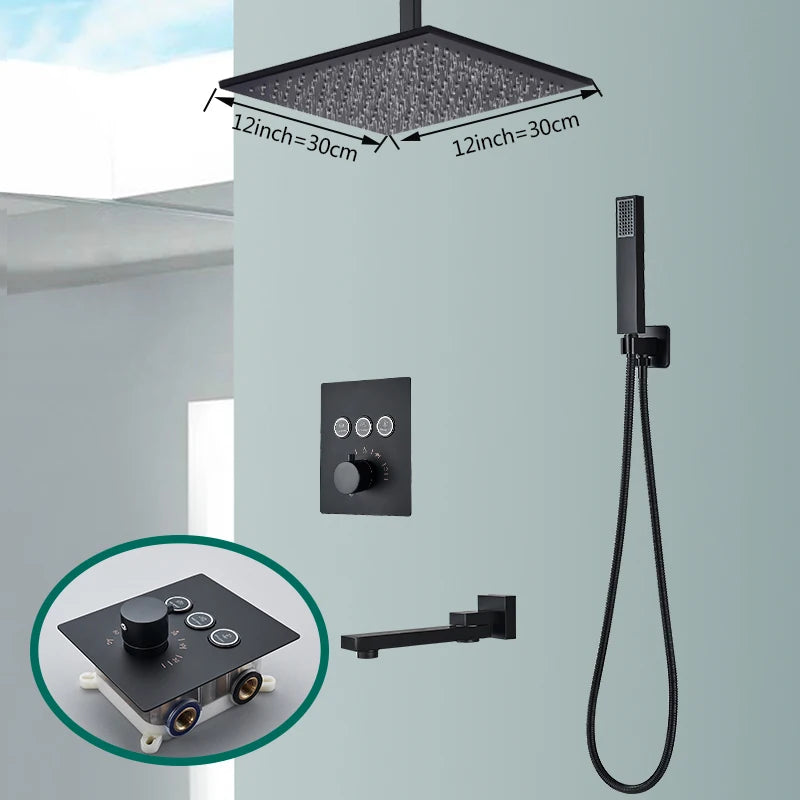 Rozin matte black thermostatic shower faucet with concealed installation, ceiling rainfall showerhead, and bath mixer tap.