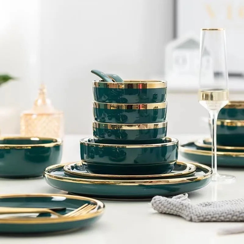Green ceramic dinner plates with gold inlay, part of a luxury full set including salad bowls and serving trays by 𝕄𝕔 𝕋𝕙𝕖 𝔹𝕝𝕒𝕔𝕜 𝔻�