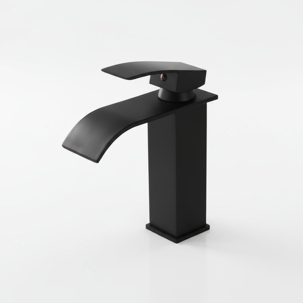 Black Waterfall Bathroom Faucet with Basin Vanity Vessel Sink by MC THE BLACK DIAMOND, showcasing sleek modern design and water flow.