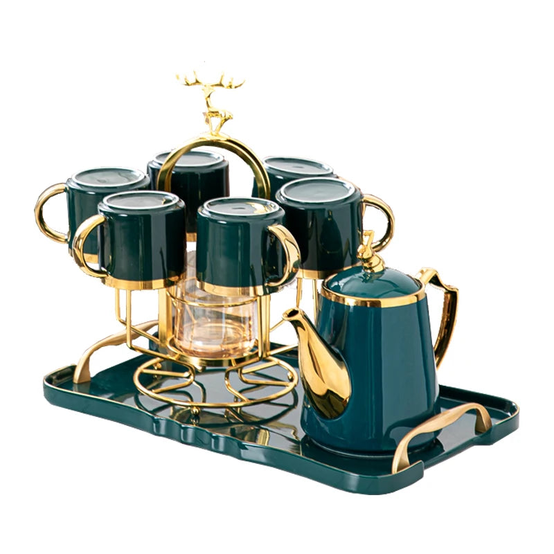 European ceramic coffee cup and saucer set with matching storage rack, ideal for elegant home afternoon tea.