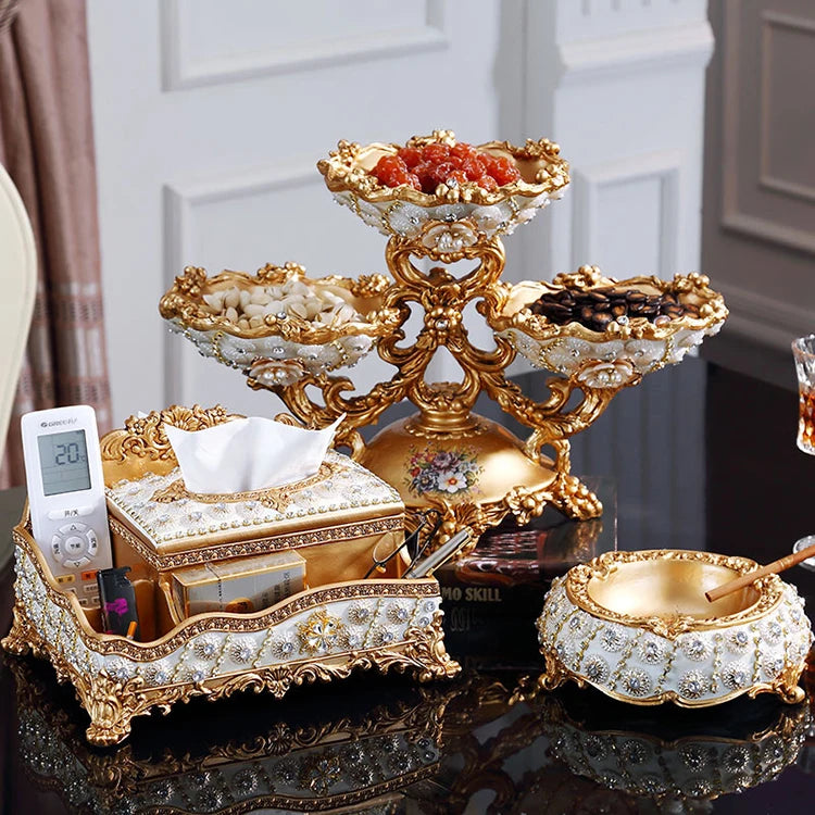 Decorative European resin diamond fruit plate by MC THE BLACK DIAMOND, featuring dried fruit, candy, tissue box, and ornament accents.
