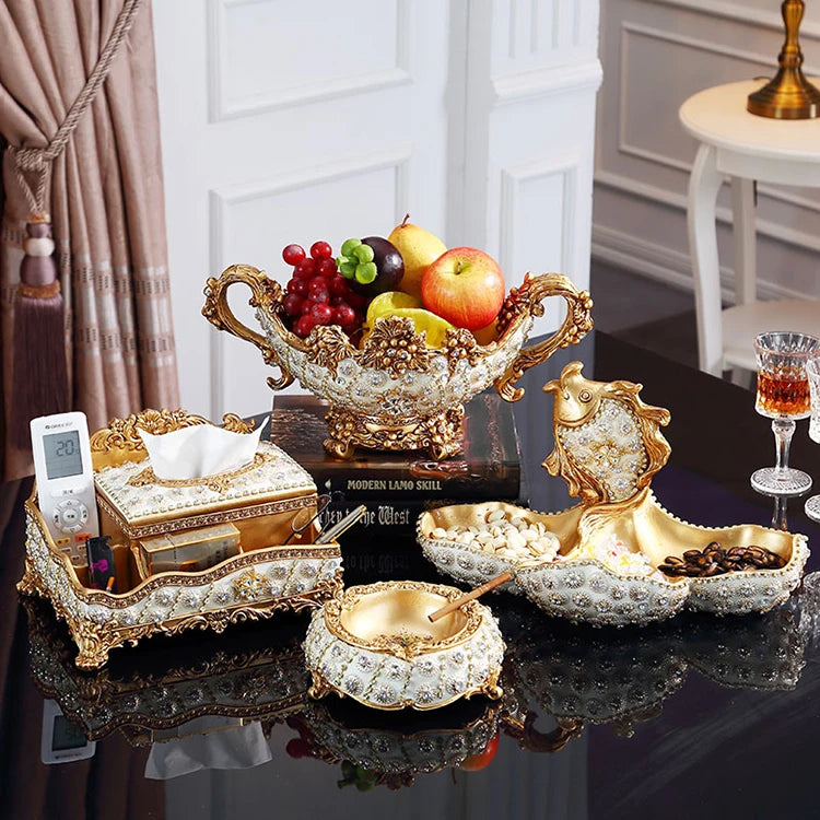 European Resin Diamond Fruit Plate decorative bowl by MC THE BLACK DIAMOND, featuring dried fruit and candy decorations on a home living room table.