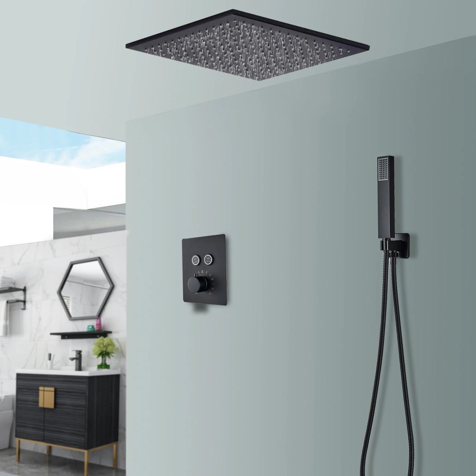 Matte black Rozin thermostatic shower faucet with concealed installation, ceiling rainfall showerhead, and bath mixer tap by 𝕄𝕔 𝕋𝕙𝕖 𝔹𝕝𝕒𝕔𝕜 𝔻