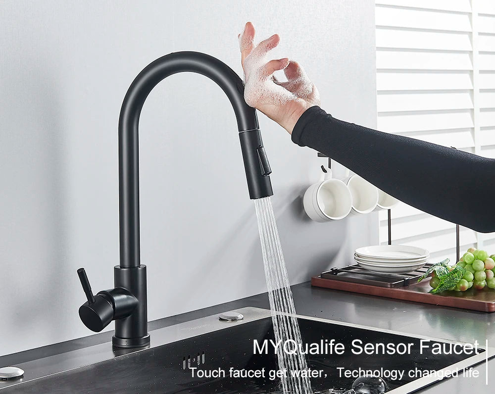 Black MC THE BLACK DIAMOND pull-out sensor kitchen faucet with touch control and sleek modern design, ideal for modern kitchen sinks.