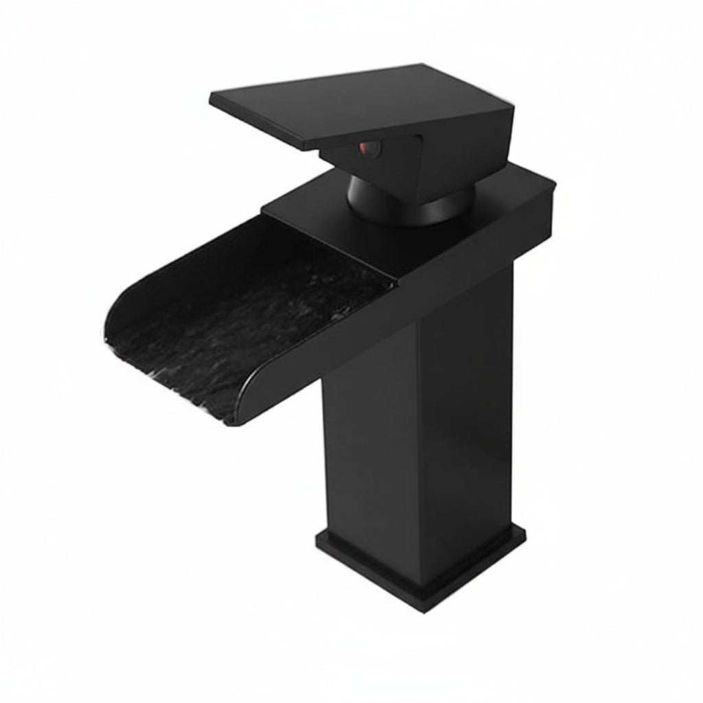 Black Waterfall Bathroom Faucet with basin vanity vessel sink by MC THE BLACK DIAMOND, featuring sleek modern design and black finish.
