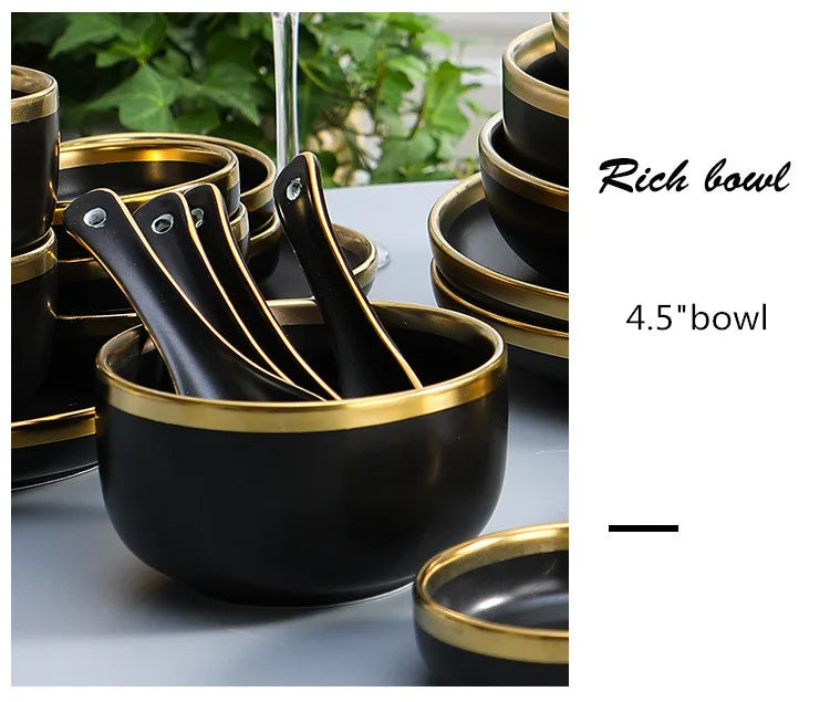 Set of matte gold inlay black porcelain dinnerware by MC THE BLACK DIAMOND, includes plates and bowls for elegant kitchen dining.
