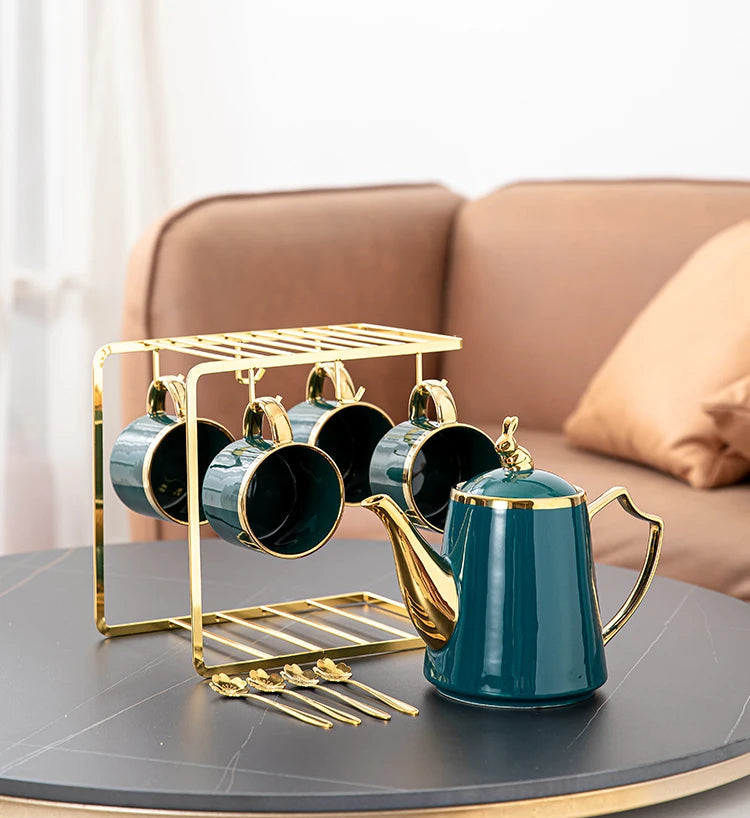 European-style ceramic coffee cup and saucer set with a light luxury finish, displayed on a stylish kitchen rack, by 𝕄𝕔 𝕋𝕙𝕖 𝔹𝕝𝕒𝕔𝕜 𝔻