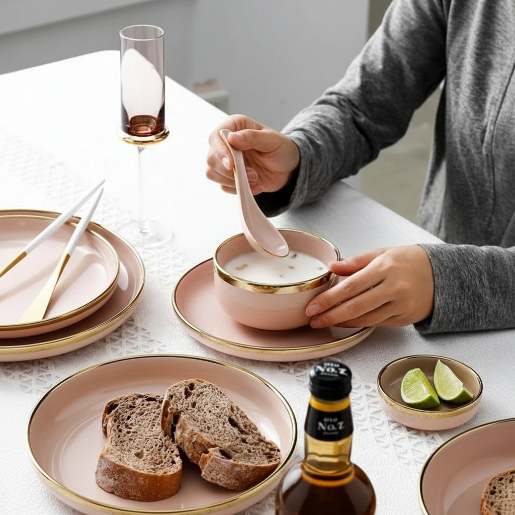 Pink, black, and gold inlay ceramic dinner plate from 𝕄𝕔 𝕋𝕙𝕖 𝔹𝕝𝕒𝕔𝕜 𝔻𝕚𝕒𝕞�